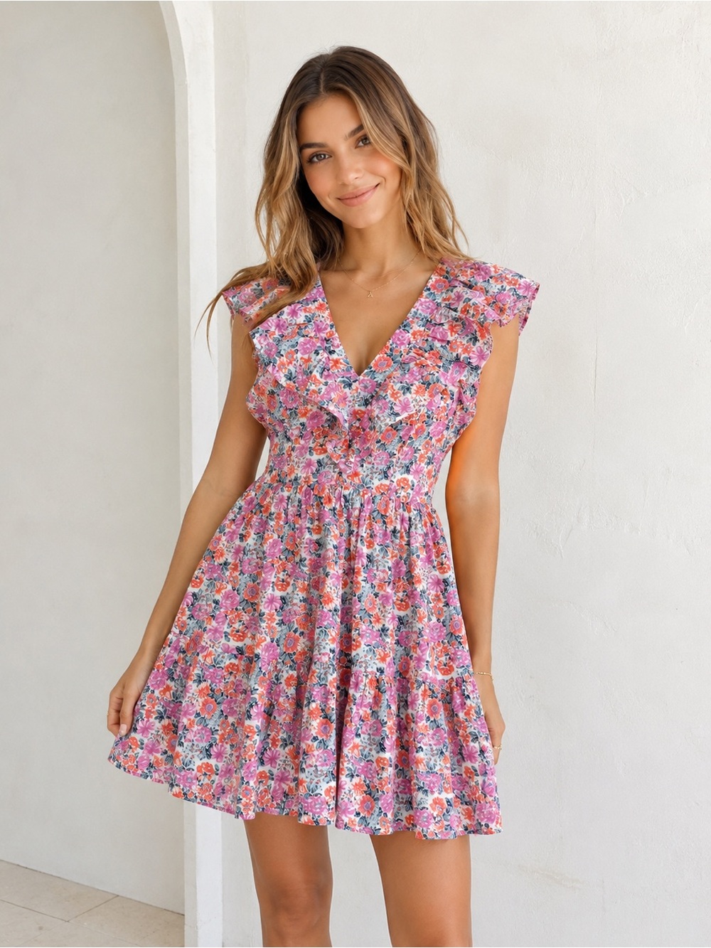 Entro Floral Pink Ruffle V-Neck Cotton Sundress sz Large